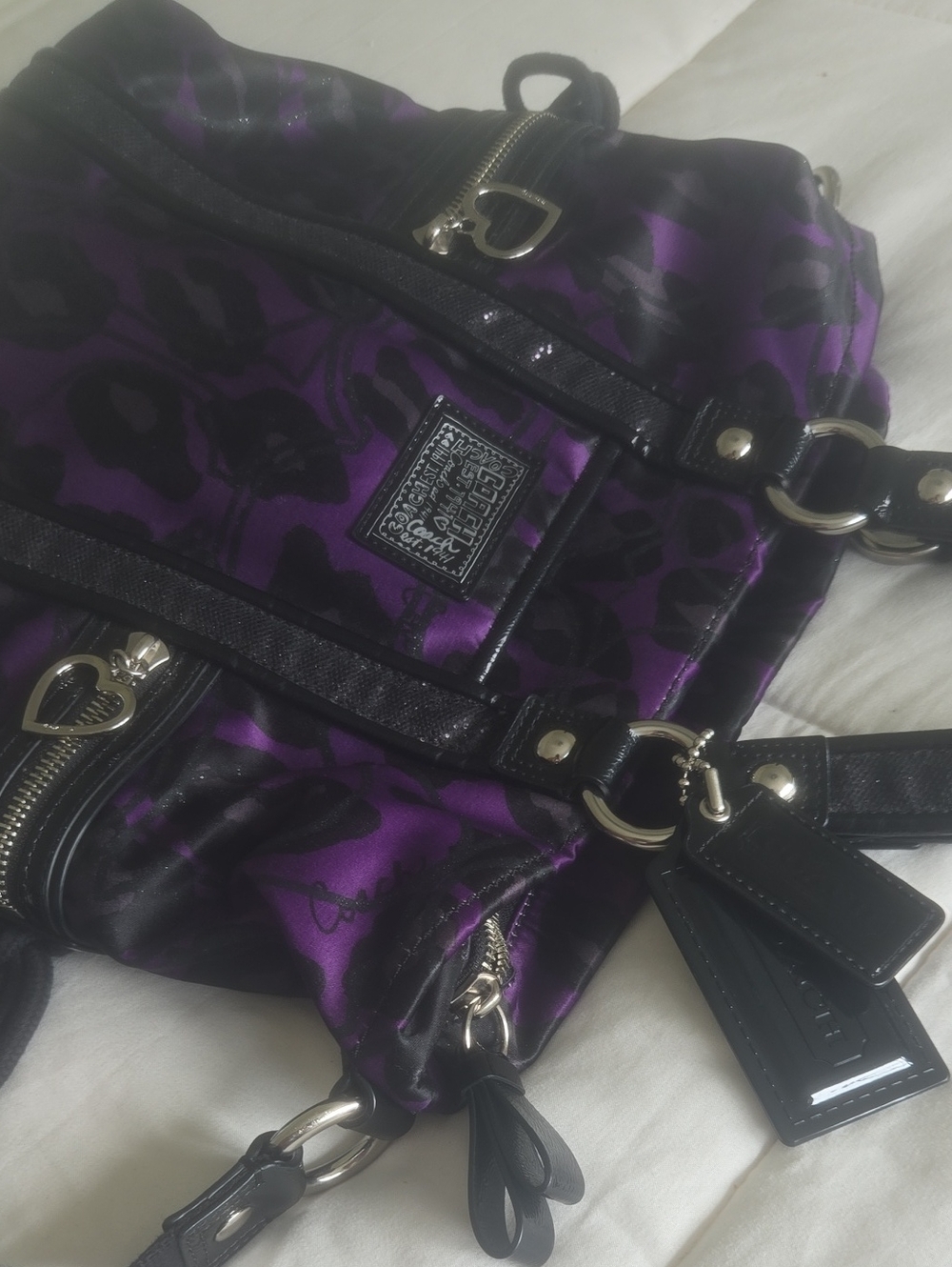 💜 COACH Poppy Purple Ocelot Daisy Glam Glitter Tote Bag F20071 Y2K EUC Rare VTG